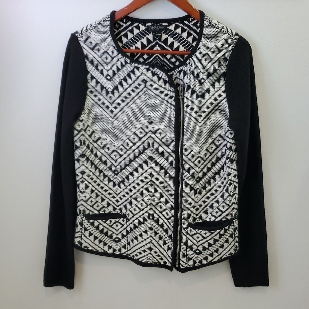 Lucky Brand Black and White Knit Sweater Jacket Moto Aztec Print Size Large